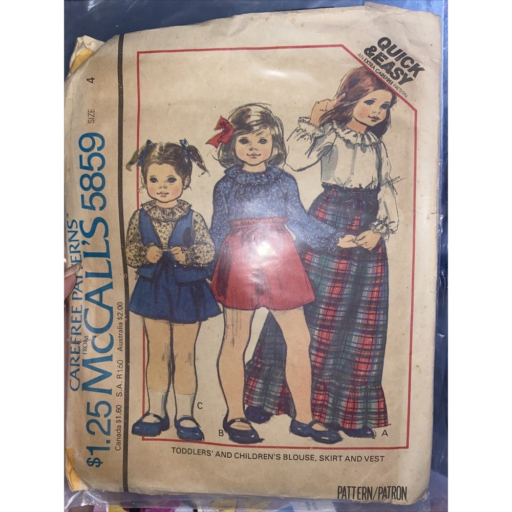 Vintage 1960s McCalls 5859 Girls Sewing Pattern Size 4 Blouse Skirt Vest Cut
